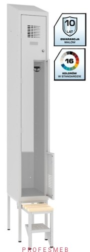 Socjalna szafka Sul 31 ubraniowa BHP Malow do szatni metalowa z ławeczką drewnianą wysuwaną półką na obuwie i daszkiem.jpg