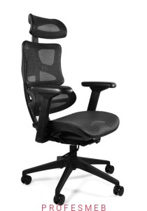 Fotel Ergotech Unique obrotowy do biura z regulacją podłokietników 3D, zagłówka, mechanizm synchro tapicerowany czarną siatką - stelaż czarny