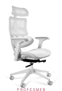 Fotel Ergotech Unique obrotowy do biura z regulacją podłokietników 3D, zagłówka, mechanizm synchro tapicerowany białą siatką - stelaż biały kość słoniowa