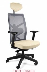 Fotel do pracy tapicerowany skórą i siatką TUNE Unique regulacja podłokietników 3D zagłówka, wysuw siedziska mechanizm synchron oparcie na lędźwie