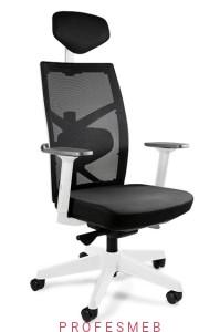 Fotel pracowniczy TUNE Unique regulacja podłokietników 3D zagłówka, wysuw siedziska mechanizm synchron oparcie na lędźwie biały stelaż