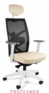 Krzesło do pracy TUNE Unique obrotowe z regulacją podłokietników 3D zagłówka, wysuw siedziska tapicerowanego skórą mechanizm synchron oparcie na lędźwie biały stelaż 