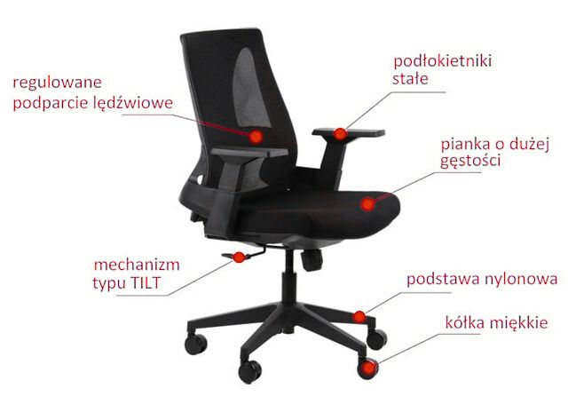 Nowoczesny fotel biurowy ergonomiczny z podparciem lędźwiowym, stałymi podłokietnikami i mechanizmem TILT