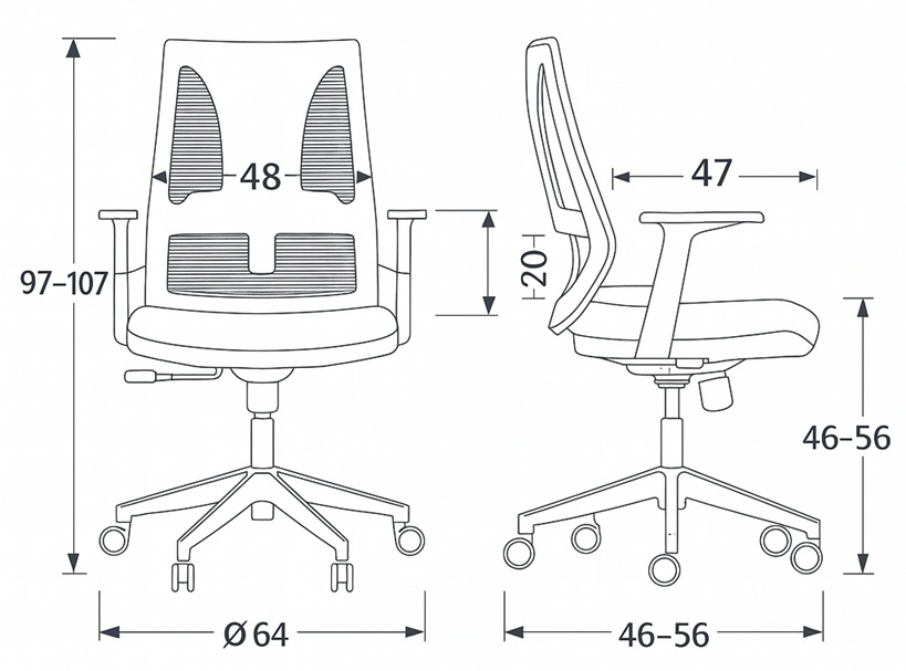 Profesjonalny schemat wymiarów fotela biurowego z mechanizmem TILT (97–107 cm wys., 46–56 cm siedzisko, Ø64 cm podstawa).