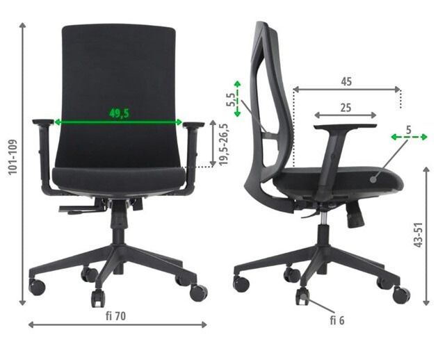 Ergonomiczne krzesło obrotowe UNO-T – wymiary fotela biurowego z pianką wtryskową i regulacją siedziska, idealne do pracy przy biurku i w home office – dopasuj perfekcyjnie do swojej sylwetki