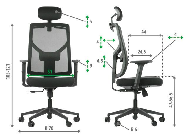 Wymiary fotela biurowego Axio – regulowana wysokość 105–121 cm, szerokość siedziska 51 cm, podłokietniki i zagłówek z regulacją, głębokość siedziska 44 cm
