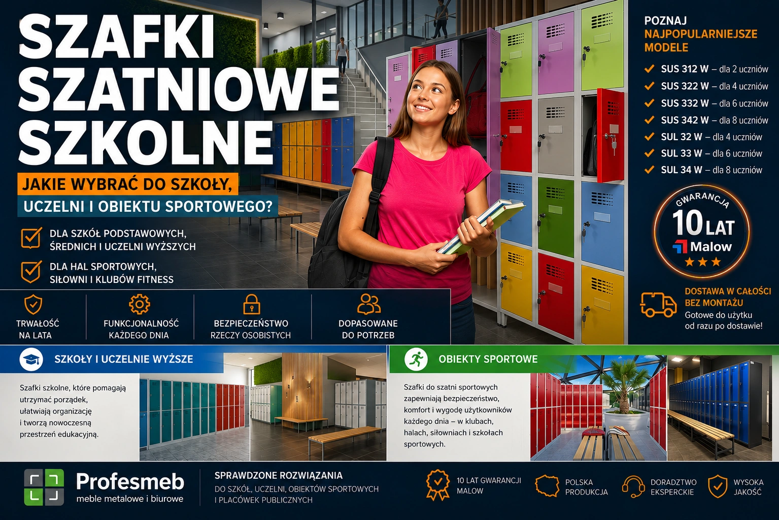 Szafki szatniowe metalowe do szkoły – modele SUS i SUL MALOW w nowoczesnej szatni szkolnej